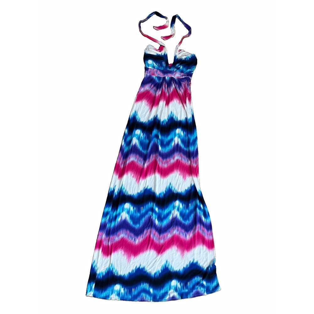 bebe Y2K Blue Pink Purple Tie-Dye Halter Rayon Stretch Maxi Dress Stretch Sz M